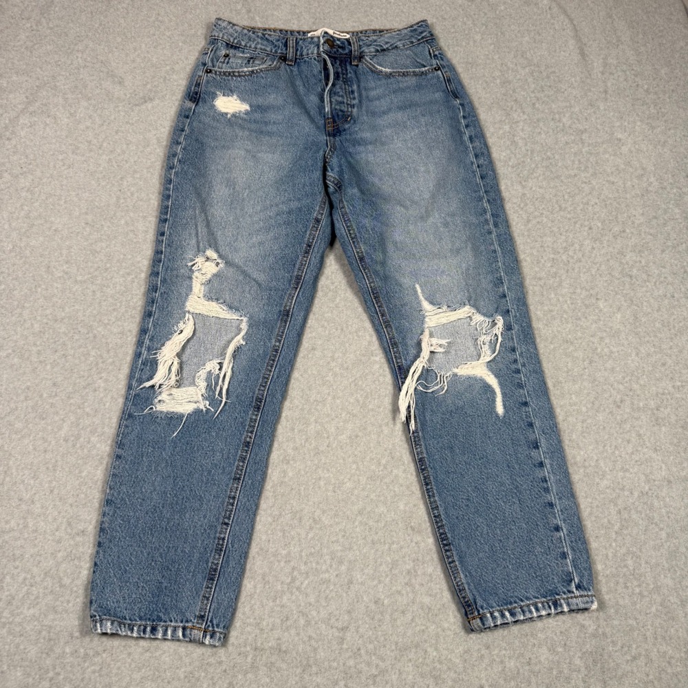 Stradivarius Distressed Mom Jeans Blue High Waist Button Fly Size 6 Grunge Punk
